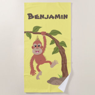 Cute happy baby orangutan cartoon illustration beach towel