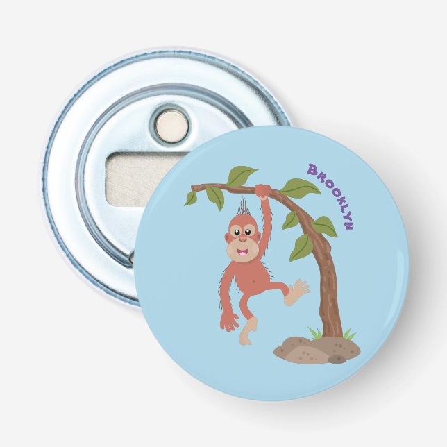 Cute happy baby orangutan cartoon illustration bottle opener (Front)