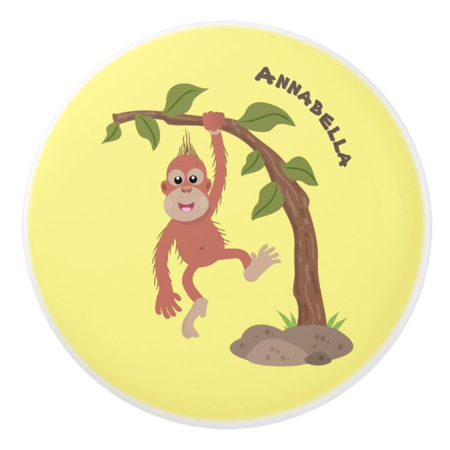 Cute happy baby orangutan cartoon illustration ceramic knob (Front)