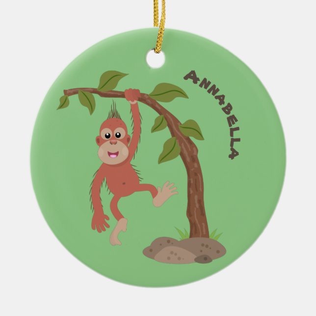 Cute happy baby orangutan cartoon illustration ceramic tree decoration (Front)