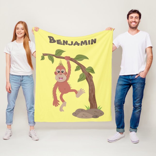 Cute happy baby orangutan cartoon illustration fleece blanket (In Situ)