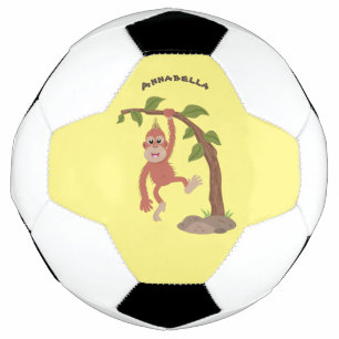 Cute happy baby orangutan cartoon illustration football