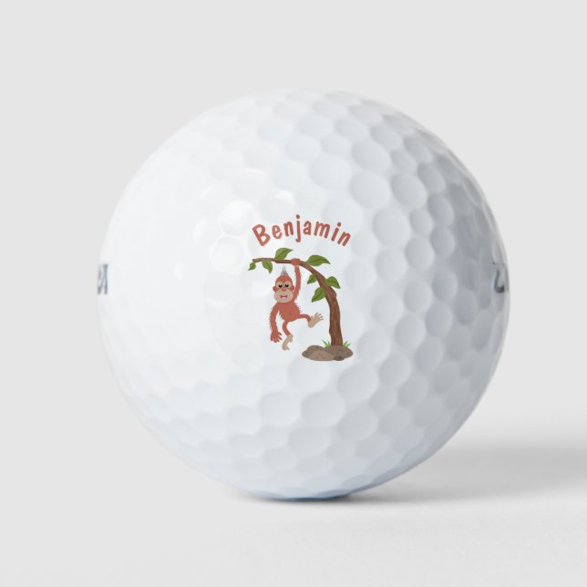 Cute happy baby orangutan cartoon illustration golf balls (Front)