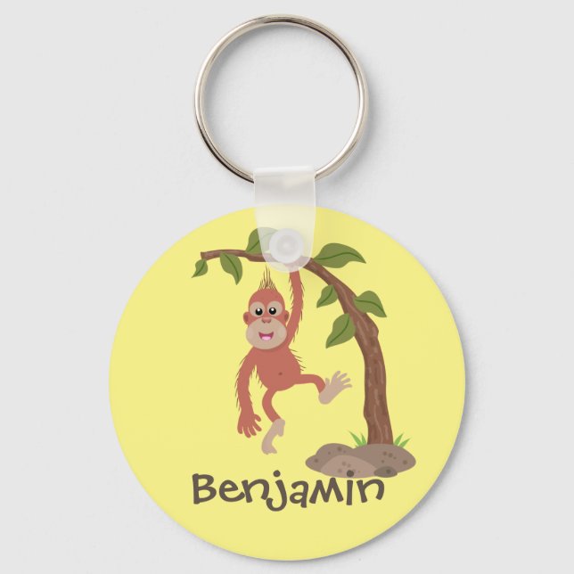 Cute happy baby orangutan cartoon illustration key ring (Front)