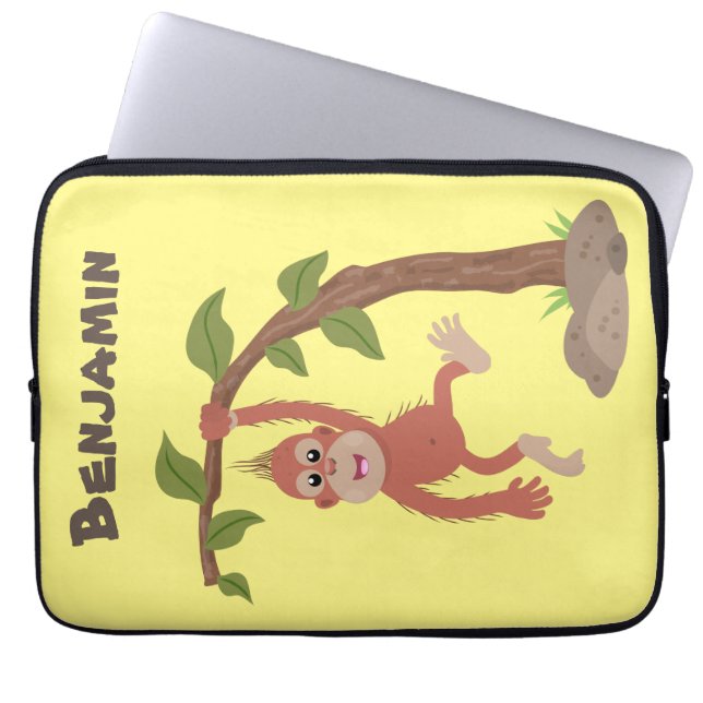 Cute happy baby orangutan cartoon illustration laptop sleeve (Front)