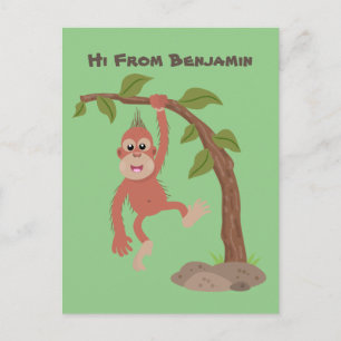 Cute happy baby orangutan cartoon illustration postcard