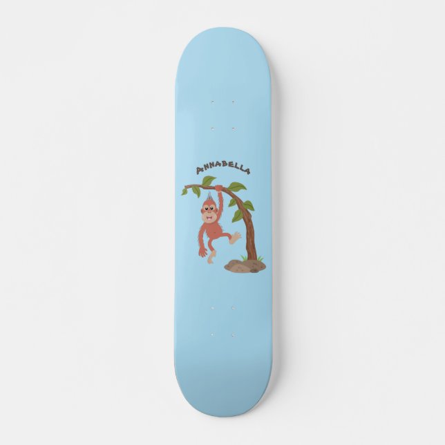Cute happy baby orangutan cartoon illustration skateboard (Front)