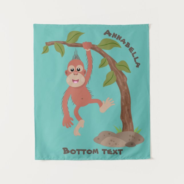 Cute happy baby orangutan cartoon illustration tapestry (Front)