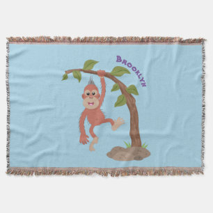 Cute happy baby orangutan cartoon illustration throw blanket