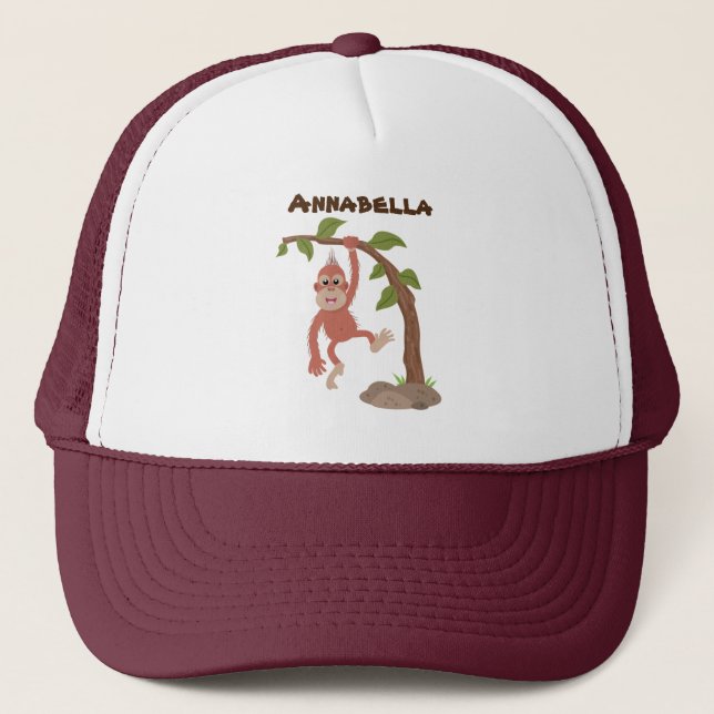 Cute happy baby orangutan cartoon illustration trucker hat (Front)