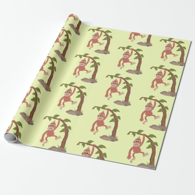 Cute happy baby orangutan cartoon illustration wrapping paper (Unrolled)