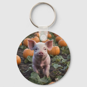 Cute Happy Baby Pig In The Pumpkin Patch, Key Ring