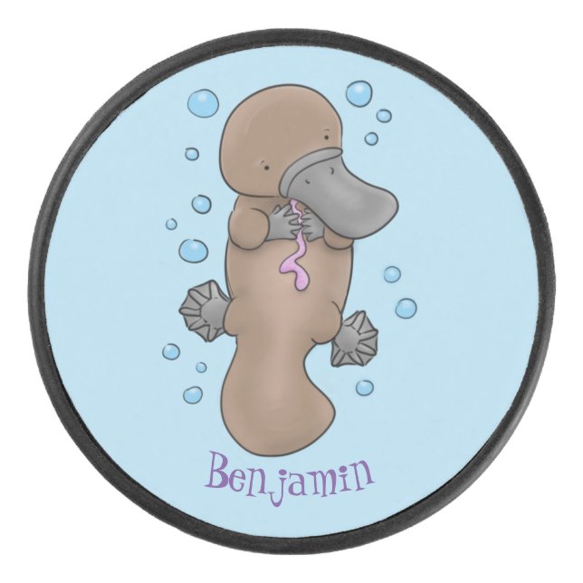 Cute happy baby platypus cartoon illustration hockey puck (Front)
