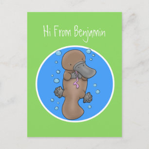Cute happy baby platypus cartoon illustration postcard