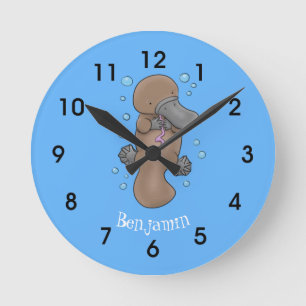 Cute happy baby platypus cartoon illustration round clock