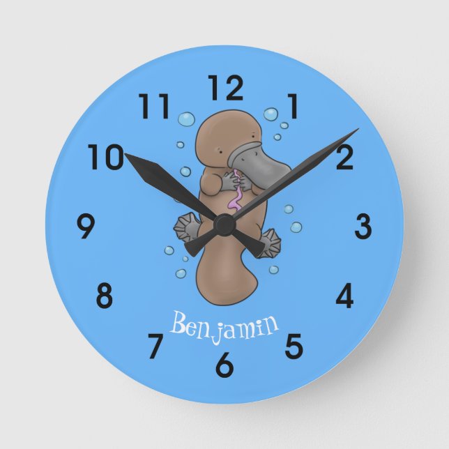 Cute happy baby platypus cartoon illustration round clock (Front)