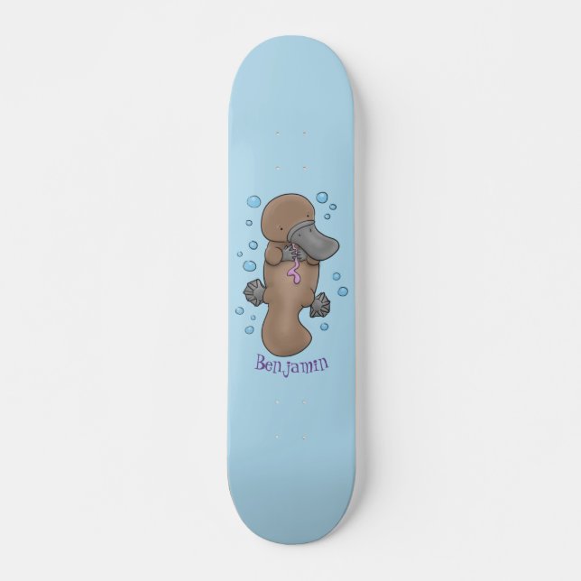 Cute happy baby platypus cartoon illustration skateboard (Front)