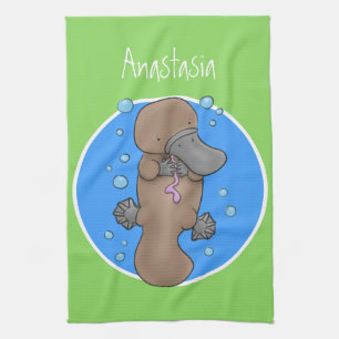 Cute happy baby platypus cartoon illustration tea towel