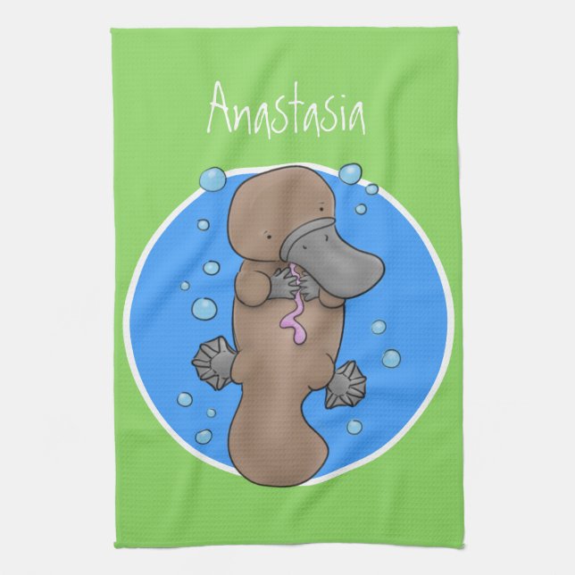 Cute happy baby platypus cartoon illustration tea towel (Vertical)