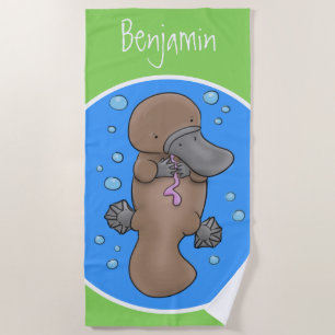 Cute happy baby platypus illustration beach towel