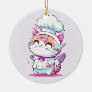 Cute Happy Baker Pastry Chef Cat Kitten Ceramic Tree Decoration