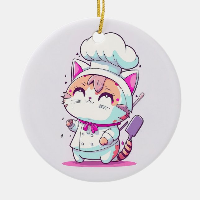 Cute Happy Baker Pastry Chef Cat Kitten | Ceramic Tree Decoration (Front)