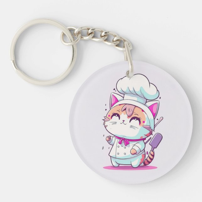 Cute Happy Baker Pastry Chef Cat Kitten | Key Ring (Front)