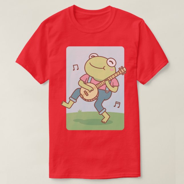 Cute Happy Banjo Frog Doodle T-Shirt (Design Front)
