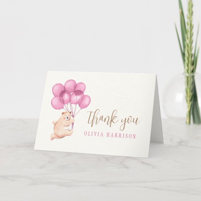 Cute Happy Bear Pink Balloon Baby Shower Thank You Card (Front)