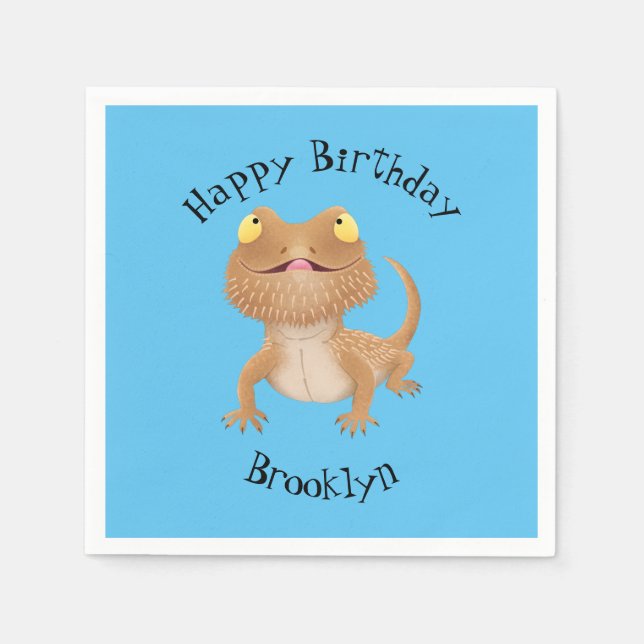 Cute happy bearded dragon lizard birthday cartoon napkin (Front)