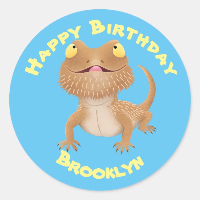 Cute happy bearded dragon lizard cartoon classic r round sticker (Front)