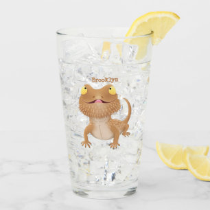 Cute happy bearded dragon lizard cartoon glass