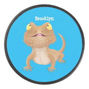Cute happy bearded dragon lizard cartoon hockey puck