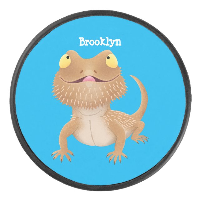 Cute happy bearded dragon lizard cartoon hockey puck (Front)