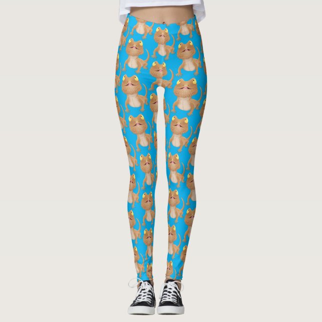 Cute happy bearded dragon lizard cartoon leggings (Front)