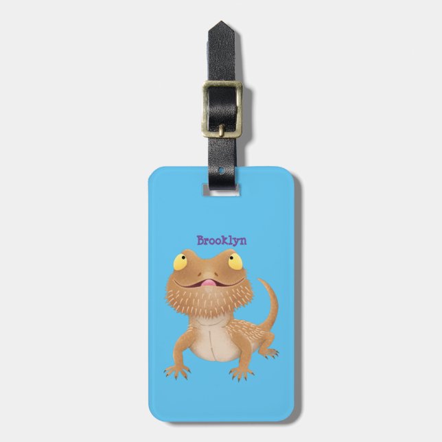 Cute happy bearded dragon lizard cartoon luggage tag (Front Vertical)