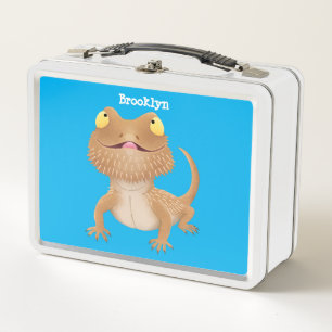 Cute happy bearded dragon lizard cartoon metal lunch box
