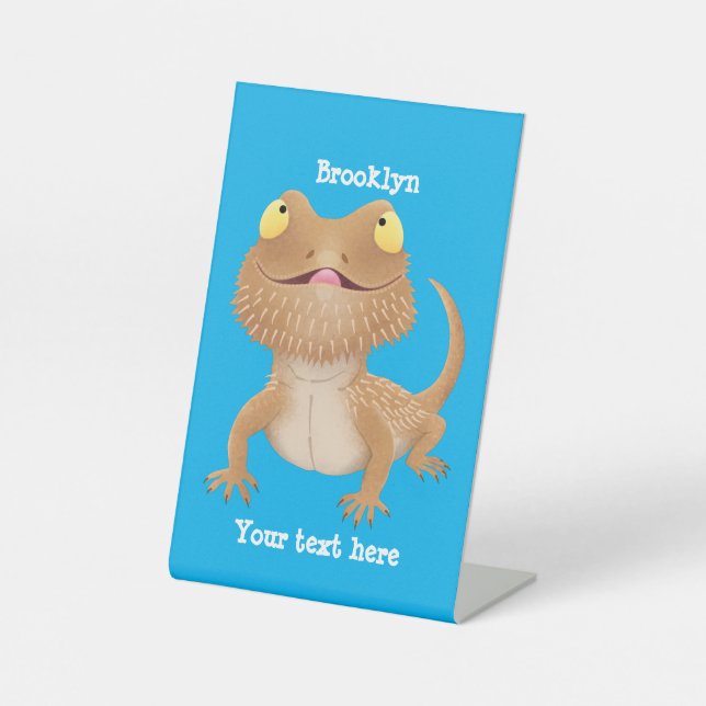 Cute happy bearded dragon lizard cartoon pedestal sign (Front)