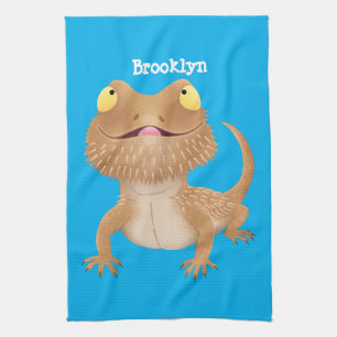 Cute happy bearded dragon lizard cartoon tea towel