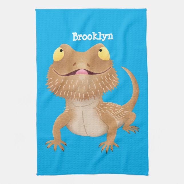 Cute happy bearded dragon lizard cartoon tea towel (Vertical)