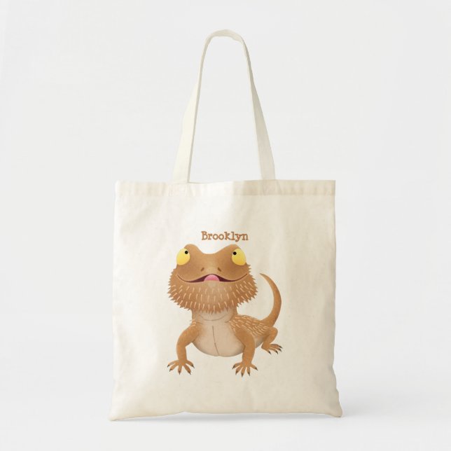 Cute happy bearded dragon lizard cartoon tote bag (Front)