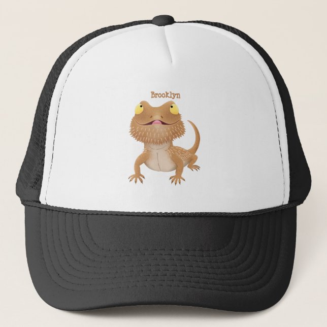 Cute happy bearded dragon lizard cartoon trucker hat (Front)