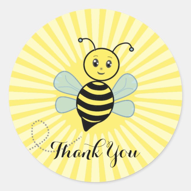 Cute happy bee and sun rays Thank You Classic Round Sticker (Front)