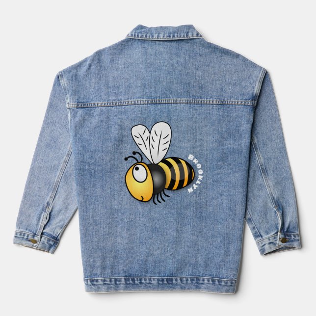 Cute happy bee cartoon illustration denim jacket (Back)