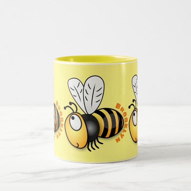 Cute happy bee cartoon illustration Two-Tone coffee mug (Center)