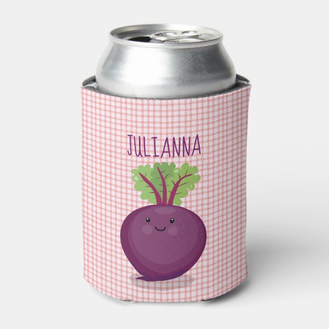 Cute happy beet root kitchen cartoon illustration can cooler (Can Front)
