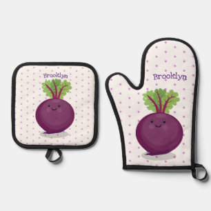 Cute happy beet root kitchen cartoon illustration oven mitt & pot holder set