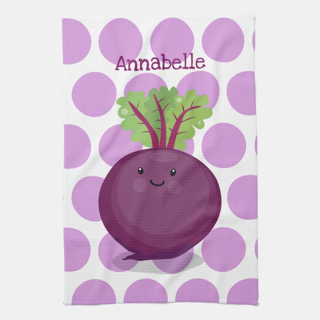 Cute happy beet root kitchen cartoon illustration tea towel (Vertical)