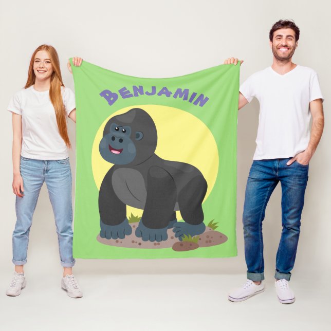 Cute happy big gorilla cartoon illustration fleece blanket (In Situ)