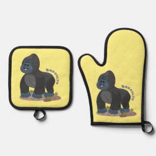 Cute happy big gorilla cartoon illustration oven mitt & pot holder set